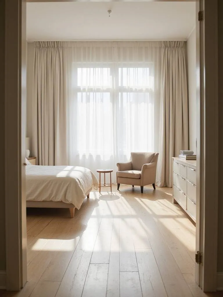 Bedroom furniture arrangement promoting easy movement and flow.