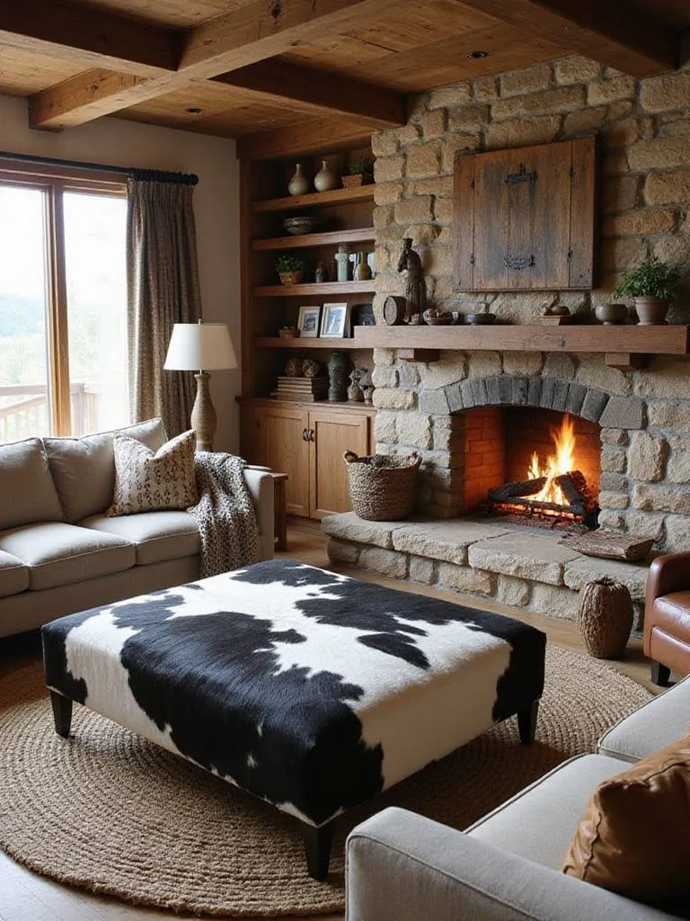 Rustic living room with a cowhide ottoman, linen sofa, and stone fireplace, showcasing cozy textures and natural elements.