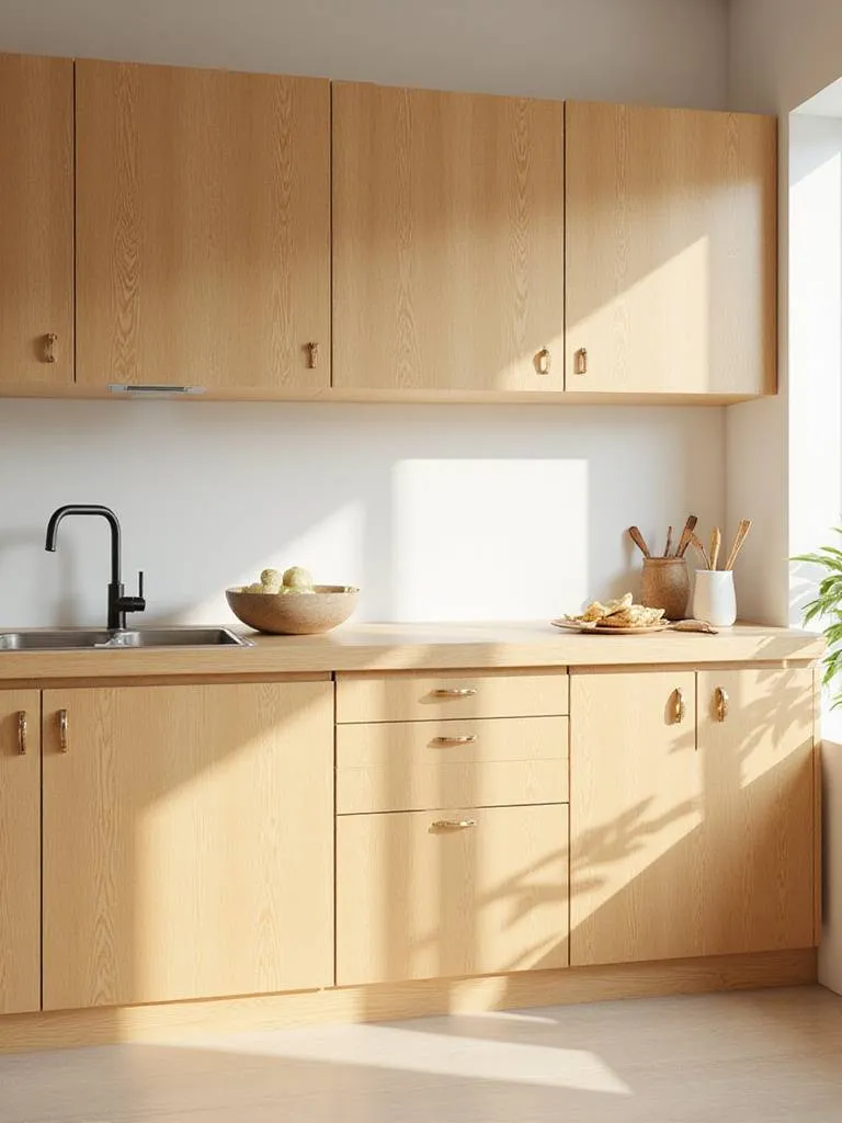 Bright kitchen featuring organic, formaldehyde-free solid wood cabinets, promoting healthy indoor air quality.