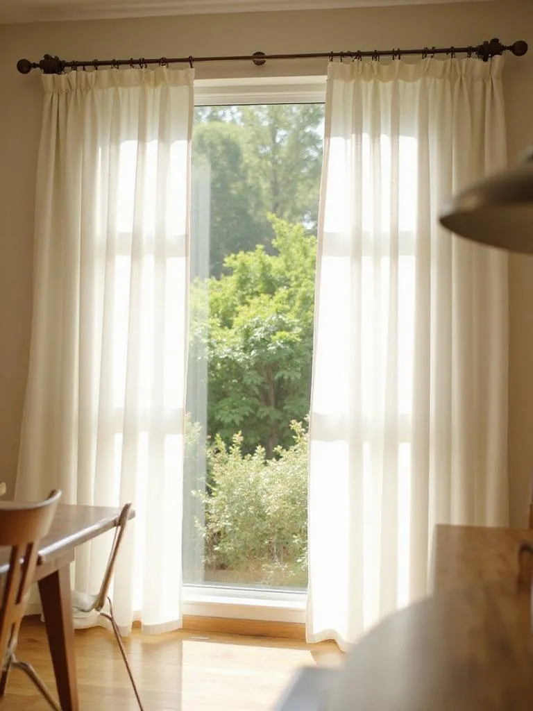Dining room with sheer white curtains framing a garden view