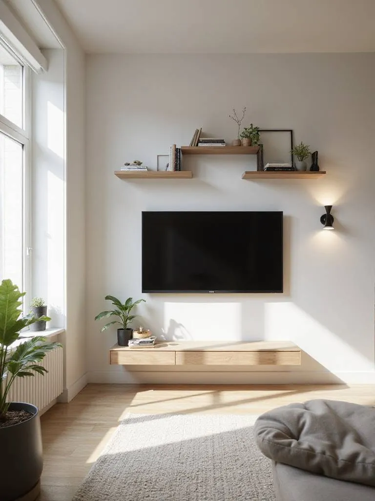 Apartment living room with wall-mounted media console and floating shelves, illustrating how wall decor frees up floor space.