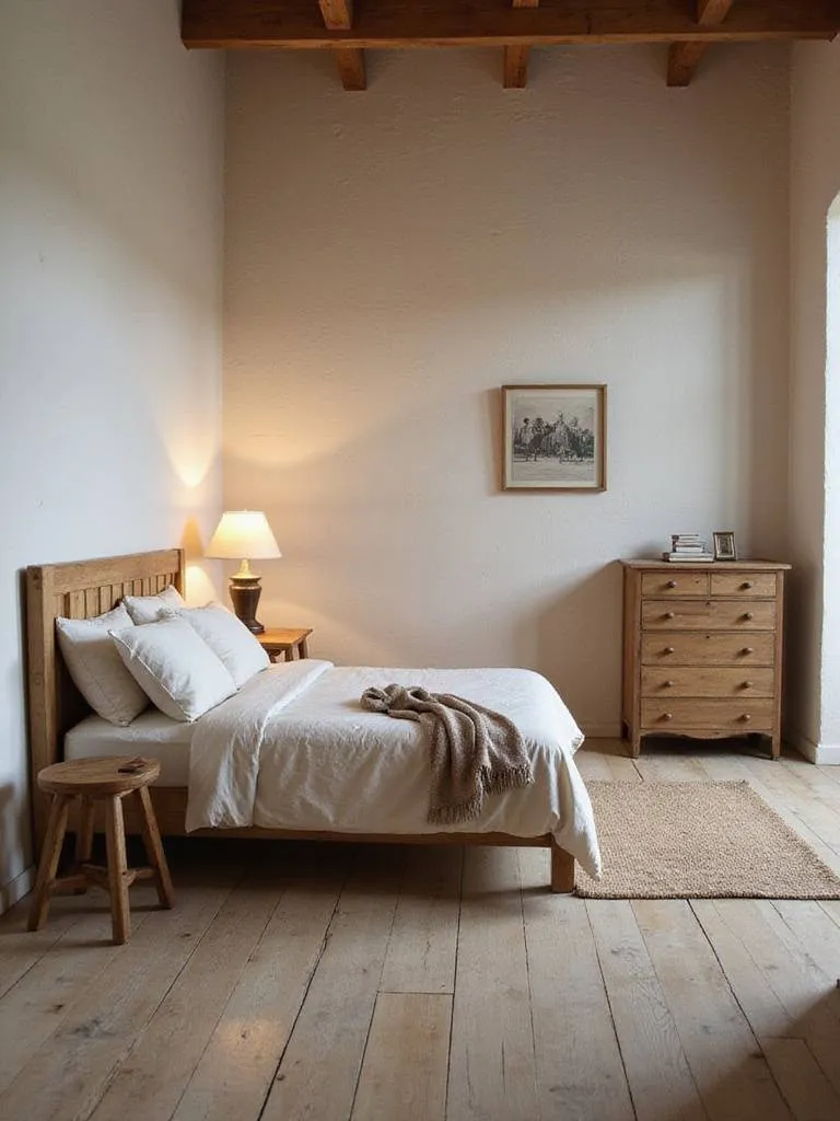 Rustic bedroom with a simple, uncluttered layout featuring a wooden bed, nightstand, and dresser, emphasizing functionality and tranquility.