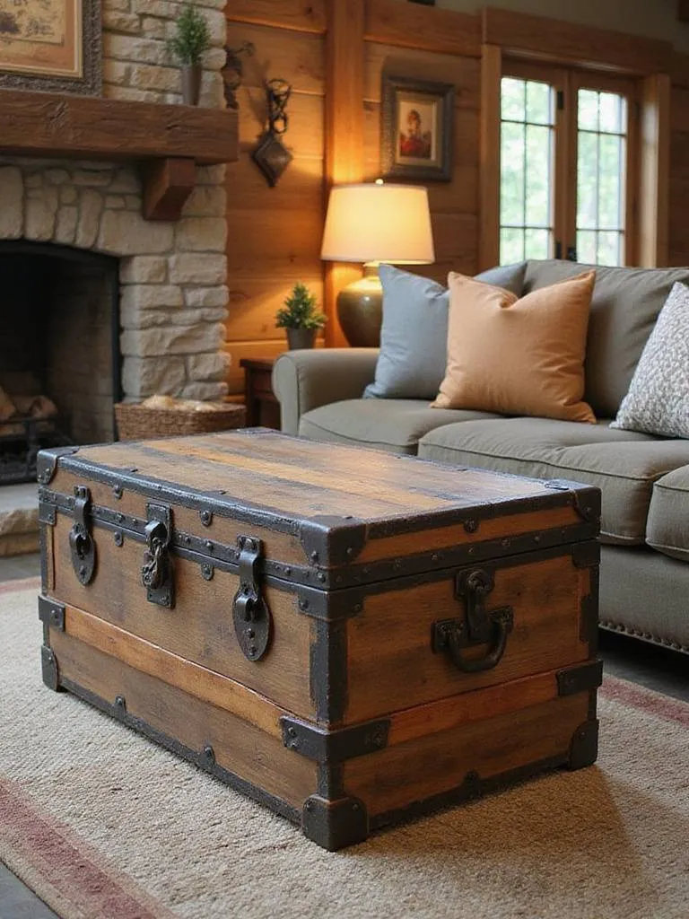 A vintage style storage trunk used as a coffee table in a cozy rustic living room, showcasing its functional decor appeal with distressed wood and metal details.