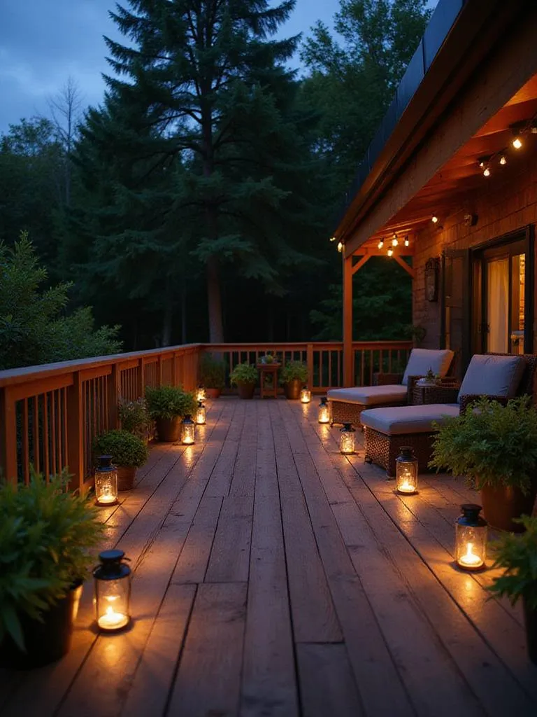Deck decorated with various lanterns providing a warm and inviting glow.