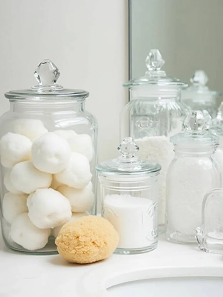 Clear glass containers and apothecary jars filled with cotton balls, bath salts, and a sea sponge, organized on a bathroom counter.