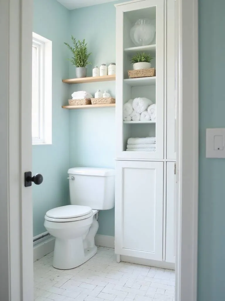 Small bathroom with vertical storage solutions including linen cabinet and floating shelves
