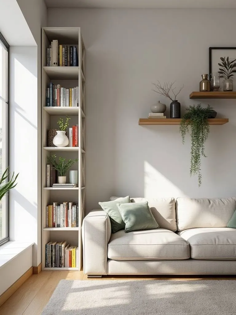 Apartment living room featuring tall bookcase and floating shelves on the wall, demonstrating effective use of vertical space for storage and style.