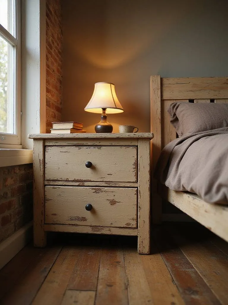 Rustic bedroom featuring a distressed light wood nightstand with a vintage lamp and books next to a bed with linen bedding.