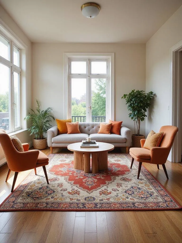 Large colorful patterned area rug grounding a cozy apartment living room seating area with a sofa, coffee table, and armchairs.