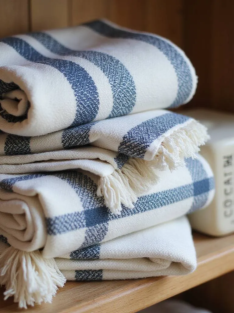 Stacked or hanging hammam-style towels with stripe patterns and fringe, showcasing their flat-woven texture.