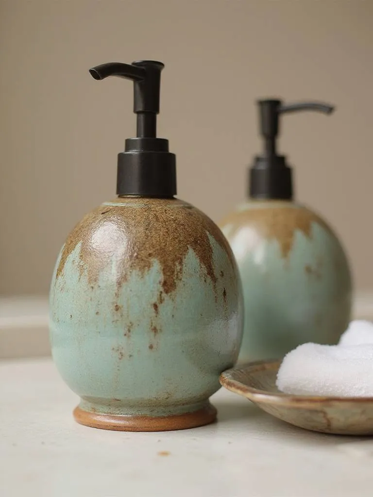 A handcrafted soap dispenser made from ceramic, glass, or hammered metal, showcasing artisanal quality on a bathroom counter.