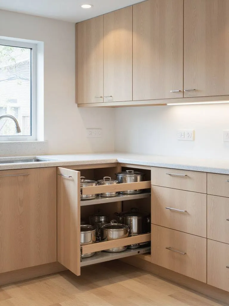 Modern kitchen corner cabinet with a blind corner pull-out shelf system extended, showcasing organized pots and pans.