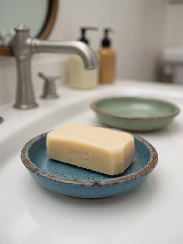 A handmade ceramic soap dish in a Mediterranean color, showing artisanal quality and slight variations in glaze.