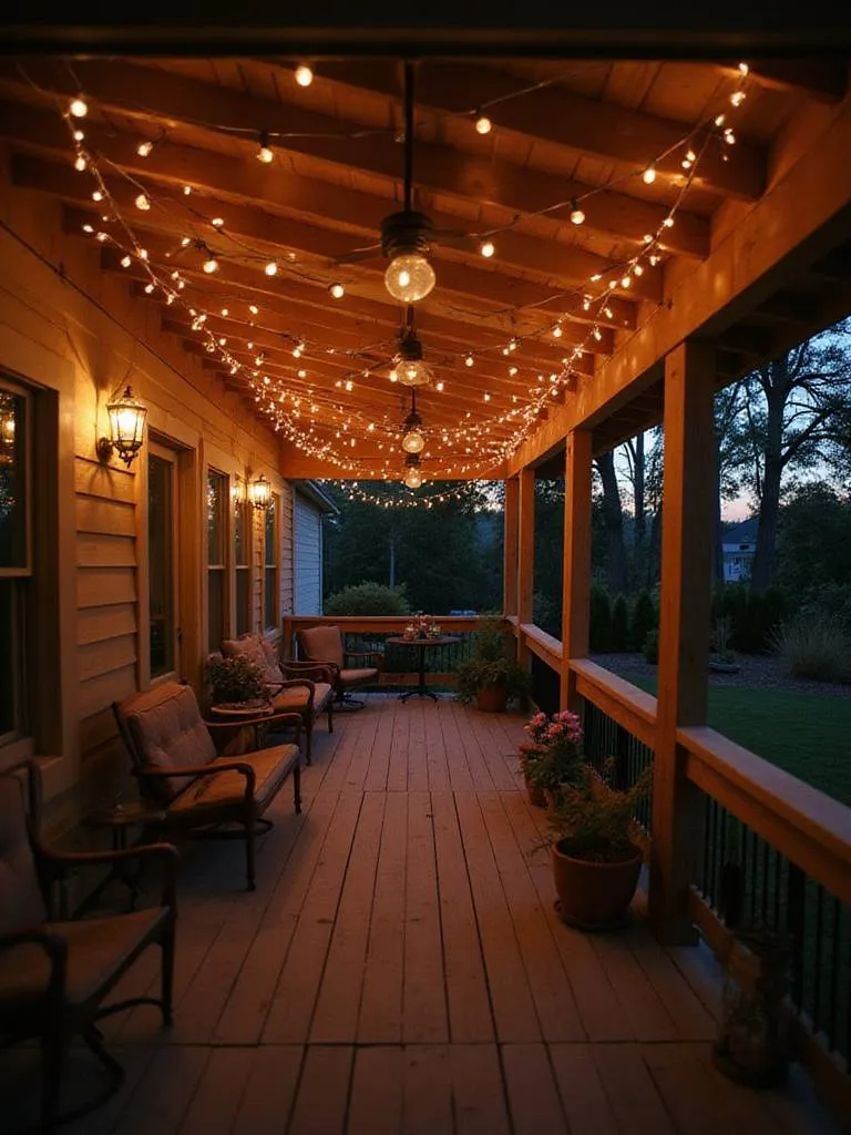 Back porch with string lights creating a warm, inviting ambiance