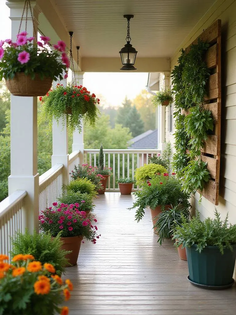 Back porch decorated with hanging baskets and a vertical garden