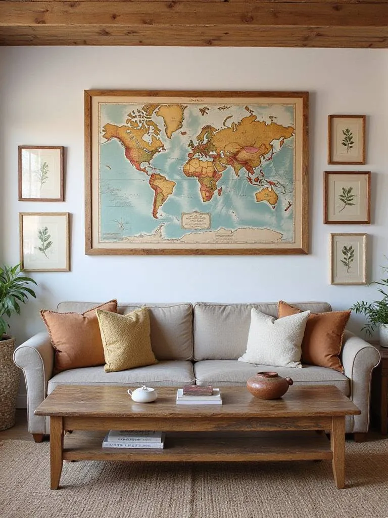 Cozy rustic living room with nature-inspired and vintage wall art