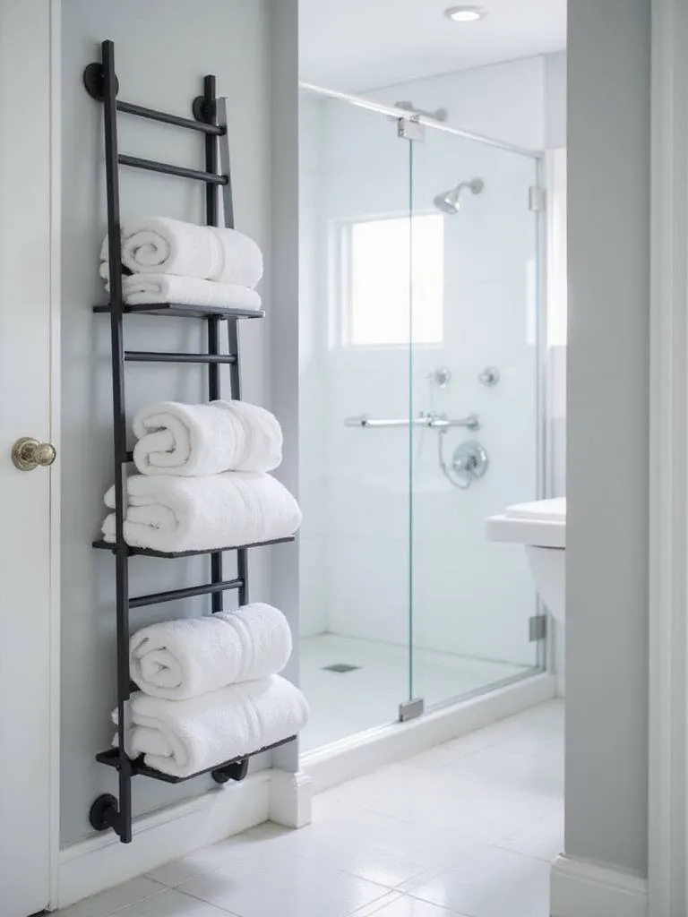 Small bathroom with black towel ladder holding neatly folded white towels.
