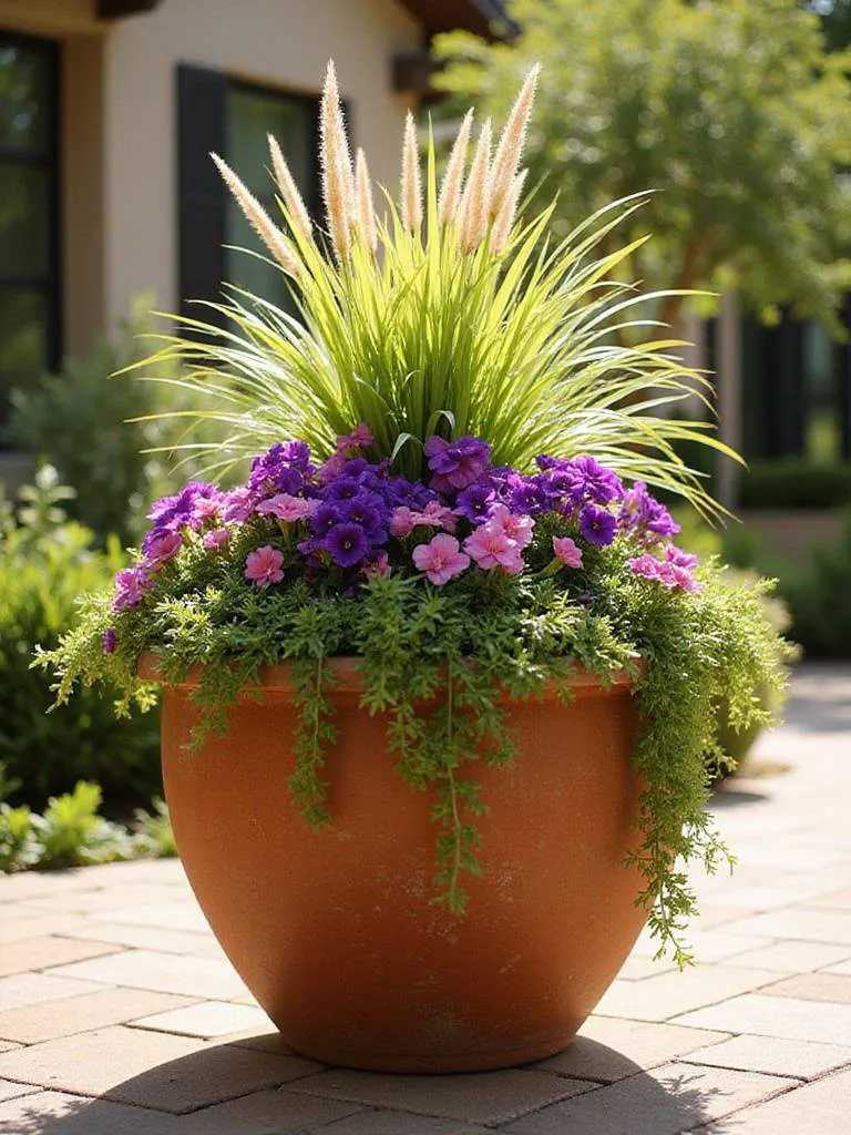 A large terracotta container on a patio filled with a thriving arrangement of compatible plants including ornamental grass, petunias, and sweet potato vine.