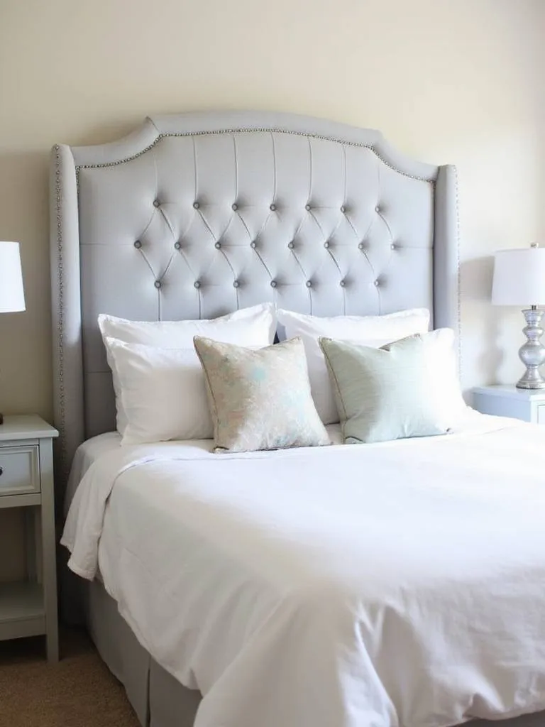 Bedroom featuring a tufted gray headboard with white linen bedding