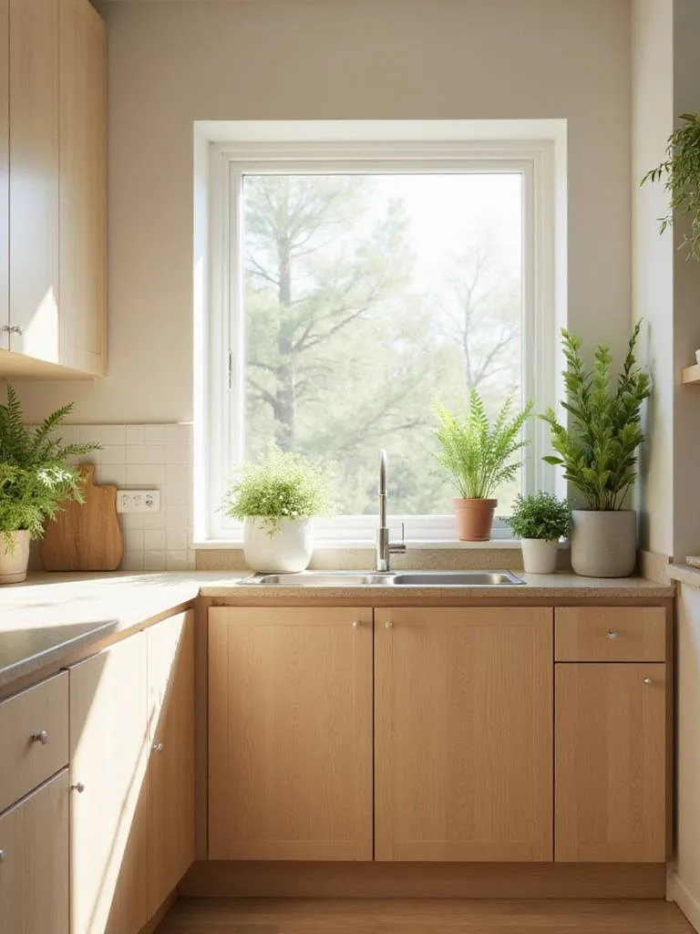 Modern kitchen with natural wood cabinets and sunlight, suggesting healthy indoor air quality from low-VOC finishes.