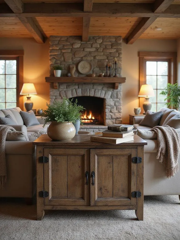Rustic living room featuring a distressed antique-look accent cabinet next to a stone fireplace, with cozy furniture and warm lighting.