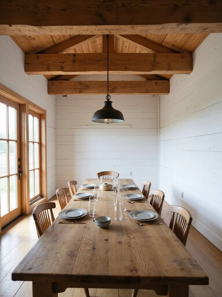 Rustic dining room with exposed wooden beams and white shiplap walls.