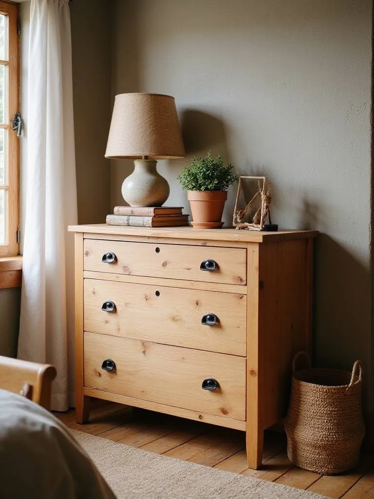 Simple sturdy pine wood dresser with black pulls in a rustic bedroom. Styled with a lamp, books, and plant.