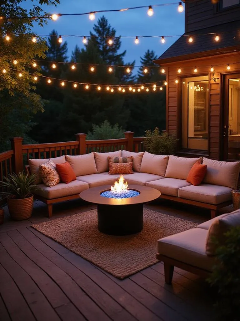 Deck with modern fire table, comfortable seating, and string lights.