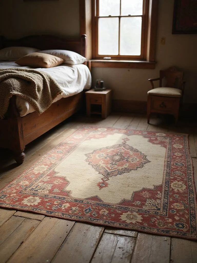 A rustic bedroom featuring a vintage Oriental rug under a wooden bed, adding warmth and history to the cozy space.