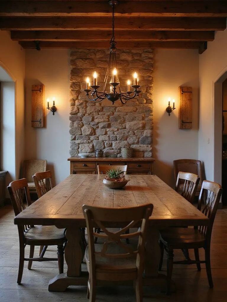 Rustic dining room with warm lighting fixtures including a wrought iron chandelier and reclaimed wood sconces.