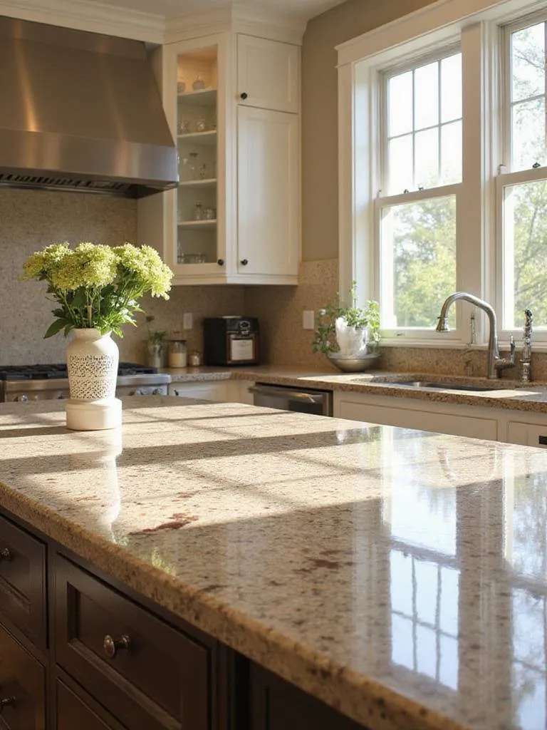 Modern kitchen featuring durable quartz or granite countertops, illuminated by natural light.