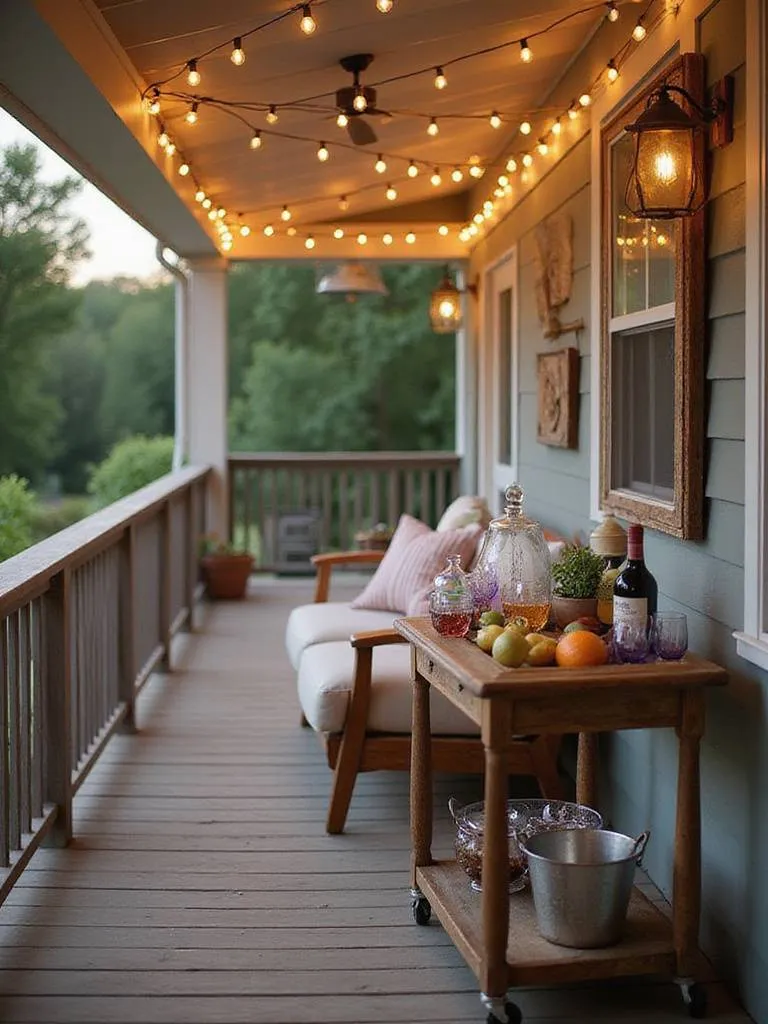 Back porch decorated with a rustic wooden serving cart stocked with glassware and drinks.