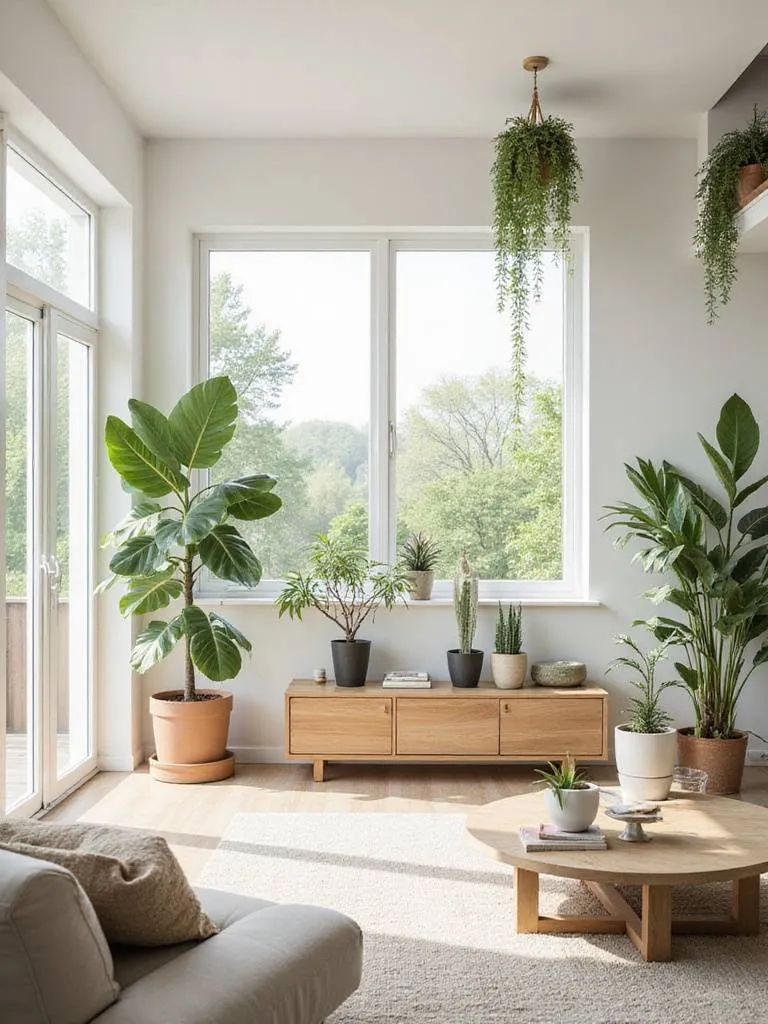 Modern living room designed with biophilic principles, featuring large windows, minimalist furniture, and numerous indoor plants adding greenery and life to the space.
