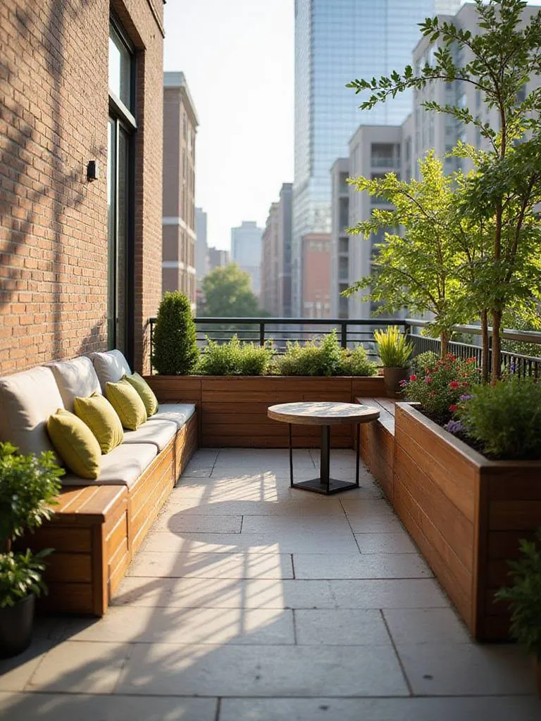 Stylish small balcony with built-in wooden bench seating, comfortable cushions, integrated planters with greenery, and a small side table, maximizing space.