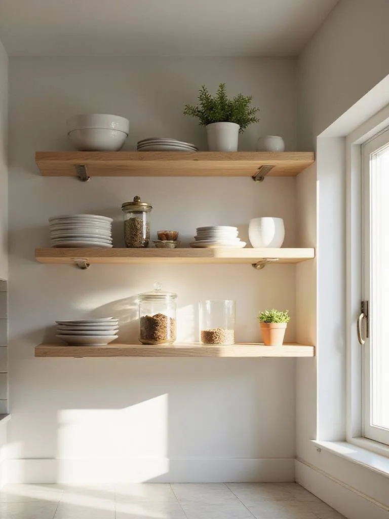 Modern kitchen with open shelving displaying curated collection of dishes, spices, and herbs.