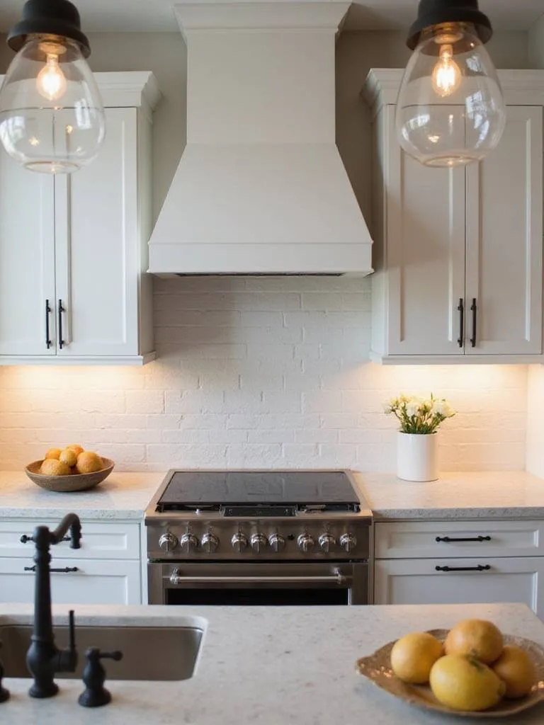 Cohesive kitchen design with coordinated lighting fixtures and cabinet hardware in matte black finish.