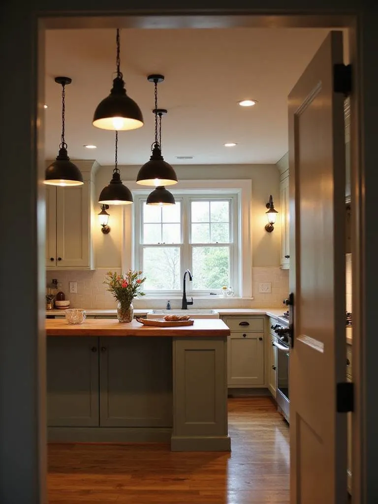 Cozy farmhouse kitchen with vintage industrial pendant lights over the island and gooseneck sconces above the sink, creating a warm, inviting atmosphere.