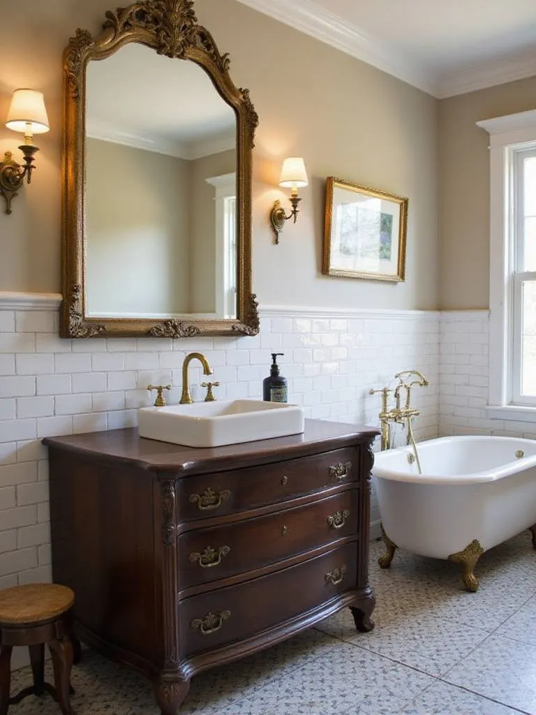 Bathroom featuring a repurposed antique dresser vanity, ornate vintage mirror, and clawfoot tub, blending vintage and modern styles.
