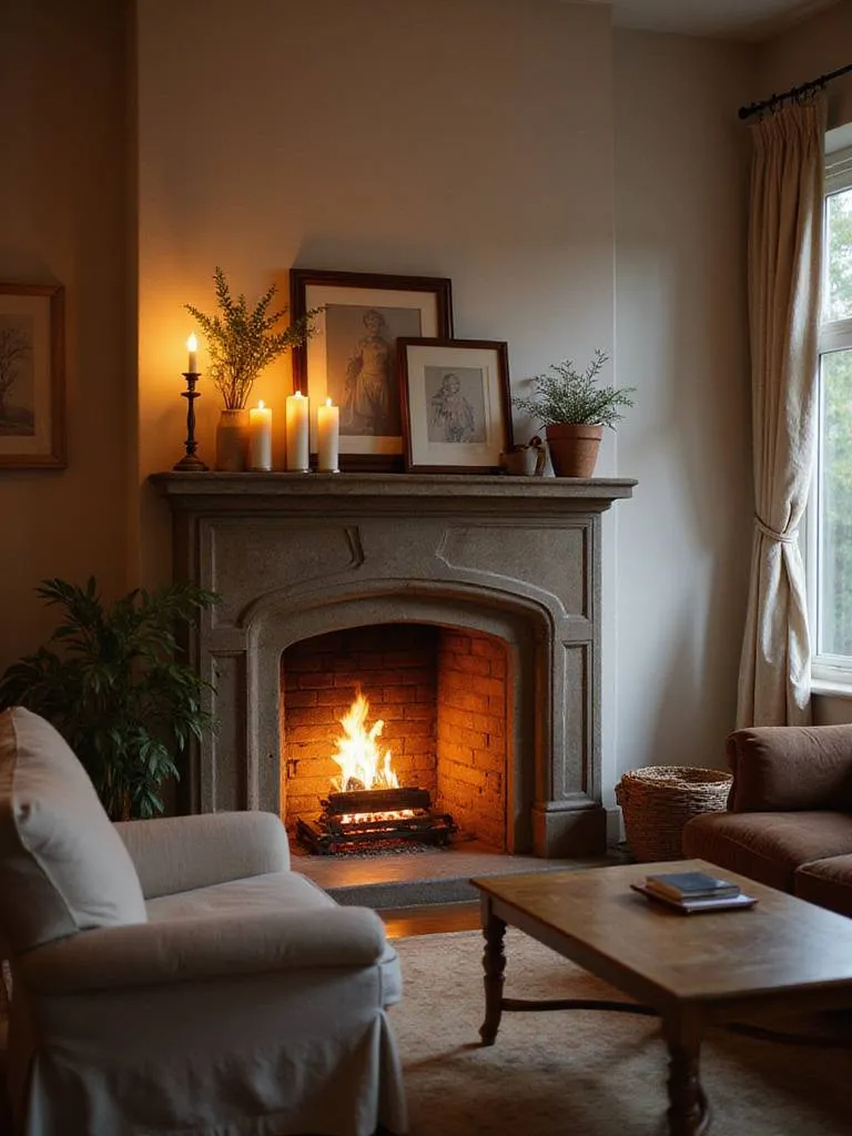 Cozy living room with a stone fireplace, warm fire, decorated mantelpiece, and comfortable seating arrangement.