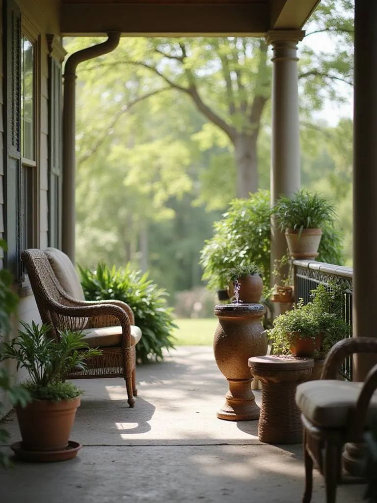 Back porch with wicker furniture and a ceramic tabletop fountain creating a relaxing outdoor space.