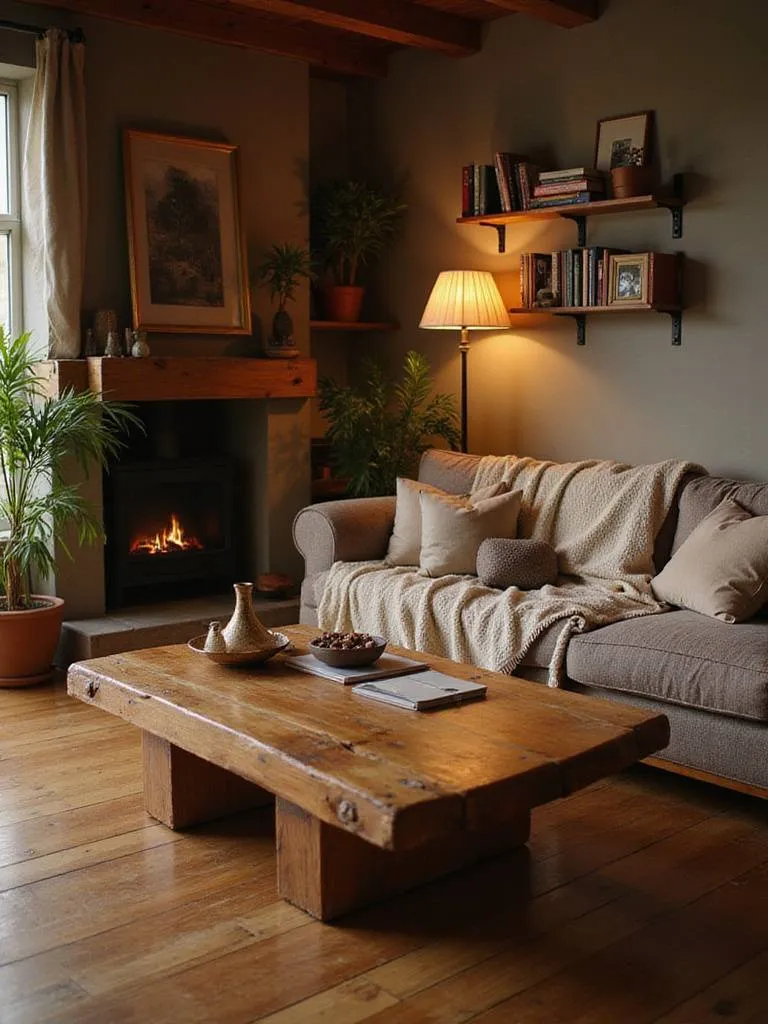 Cozy living room featuring warm wooden flooring, a wooden coffee table, wooden shelves, and a wooden fireplace mantel, creating an inviting and comfortable atmosphere.