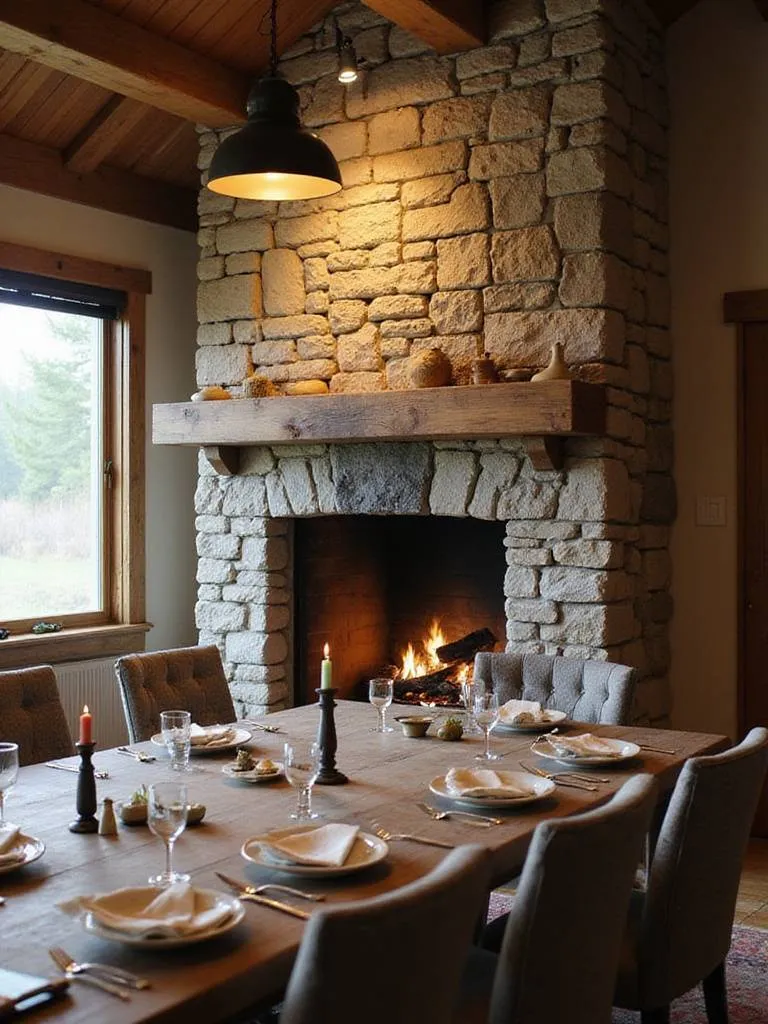 Rustic dining room with a stone fireplace and reclaimed wood mantel