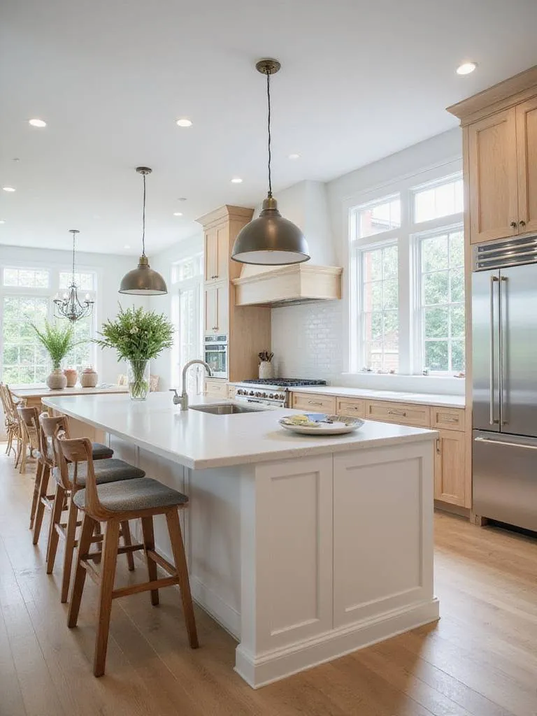 A modern kitchen featuring a large, functional island with an integrated sink, seating, and storage, illustrating efficient kitchen design layout.