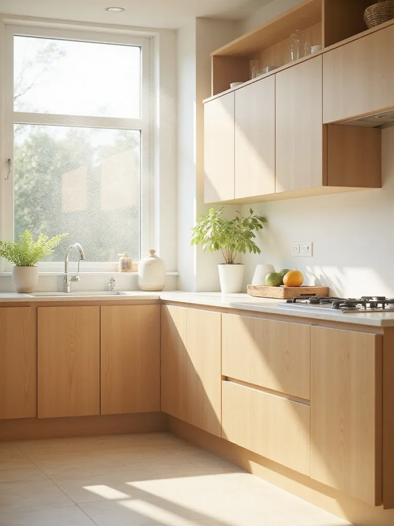 Modern kitchen cabinets made from light-colored wood under natural sunlight, illustrating clean indoor air quality.