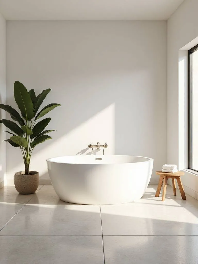 Elegant modern bathroom featuring a white oval freestanding bathtub as the centerpiece on a light tile floor. Natural light fills the serene space.