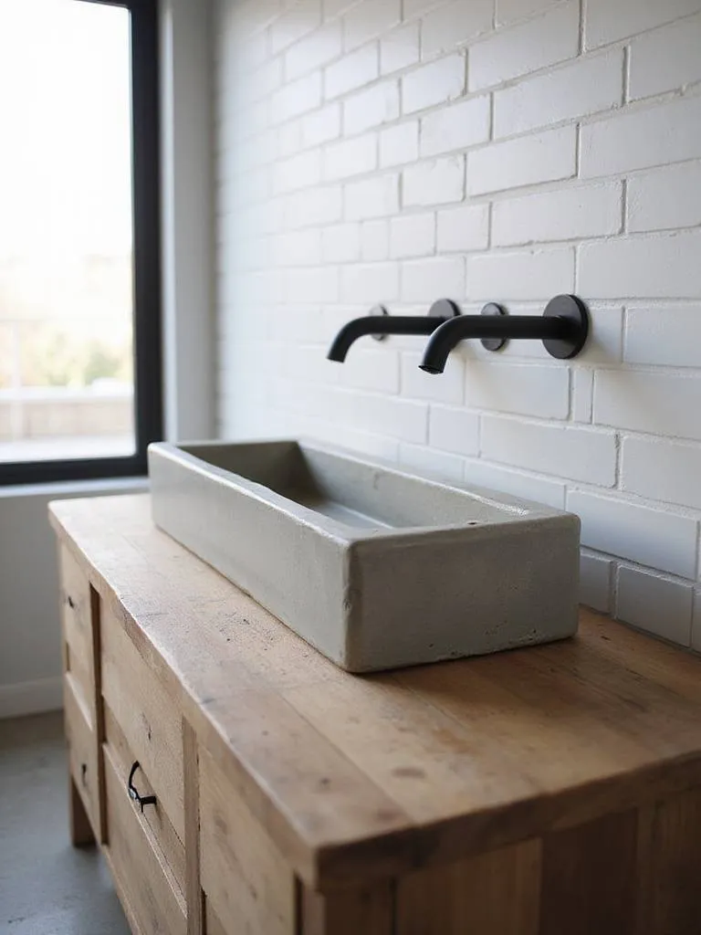 Industrial chic bathroom with concrete trough sink on <a href=