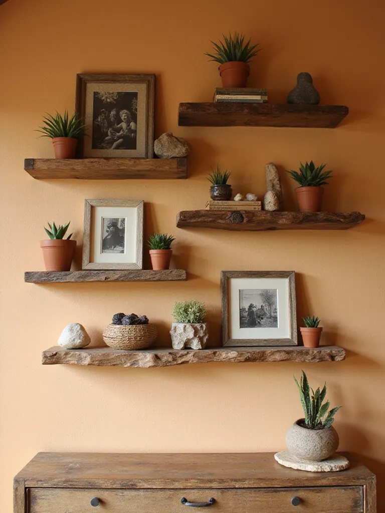 Staggered live edge wood shelves displaying plants, books, and photos on a wall in a cozy rustic bedroom.