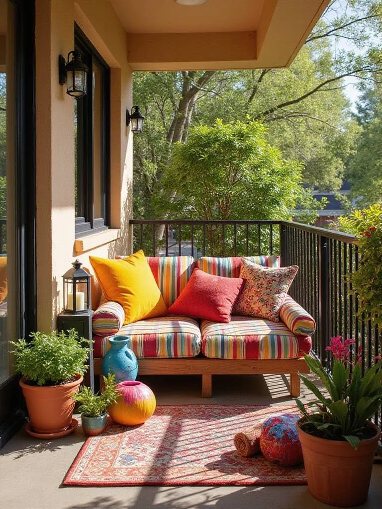 A small balcony transformed with vibrant, colorful outdoor cushions and accessories on seating, creating a warm and inviting space.