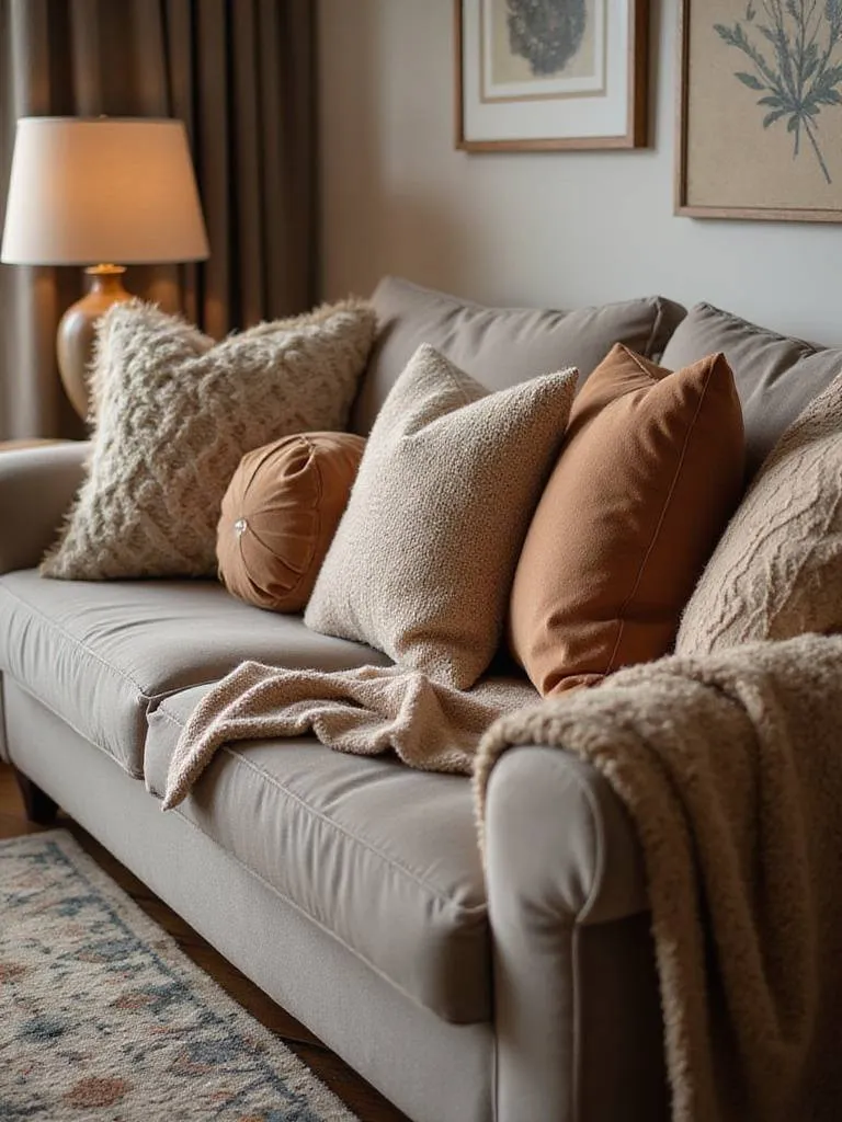 A cozy apartment living room featuring a sofa layered with colorful and textured throw pillows and a soft blanket, creating an inviting and personalized space.