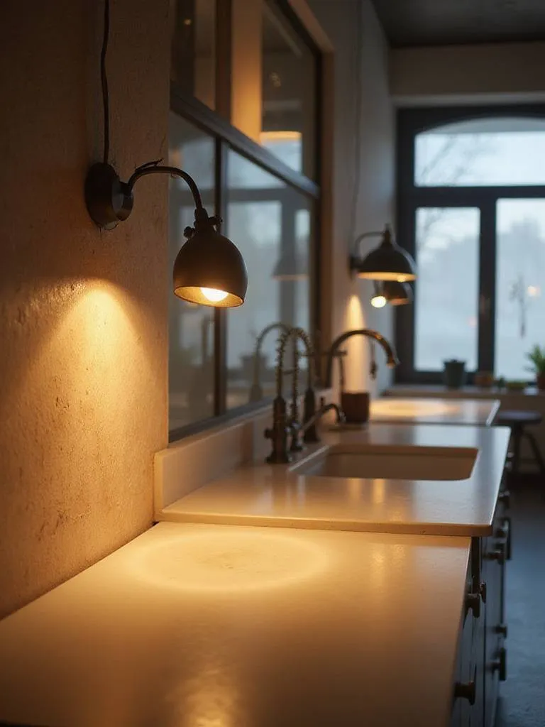 Modern kitchen with bright lighting fixtures showing various brightness levels.